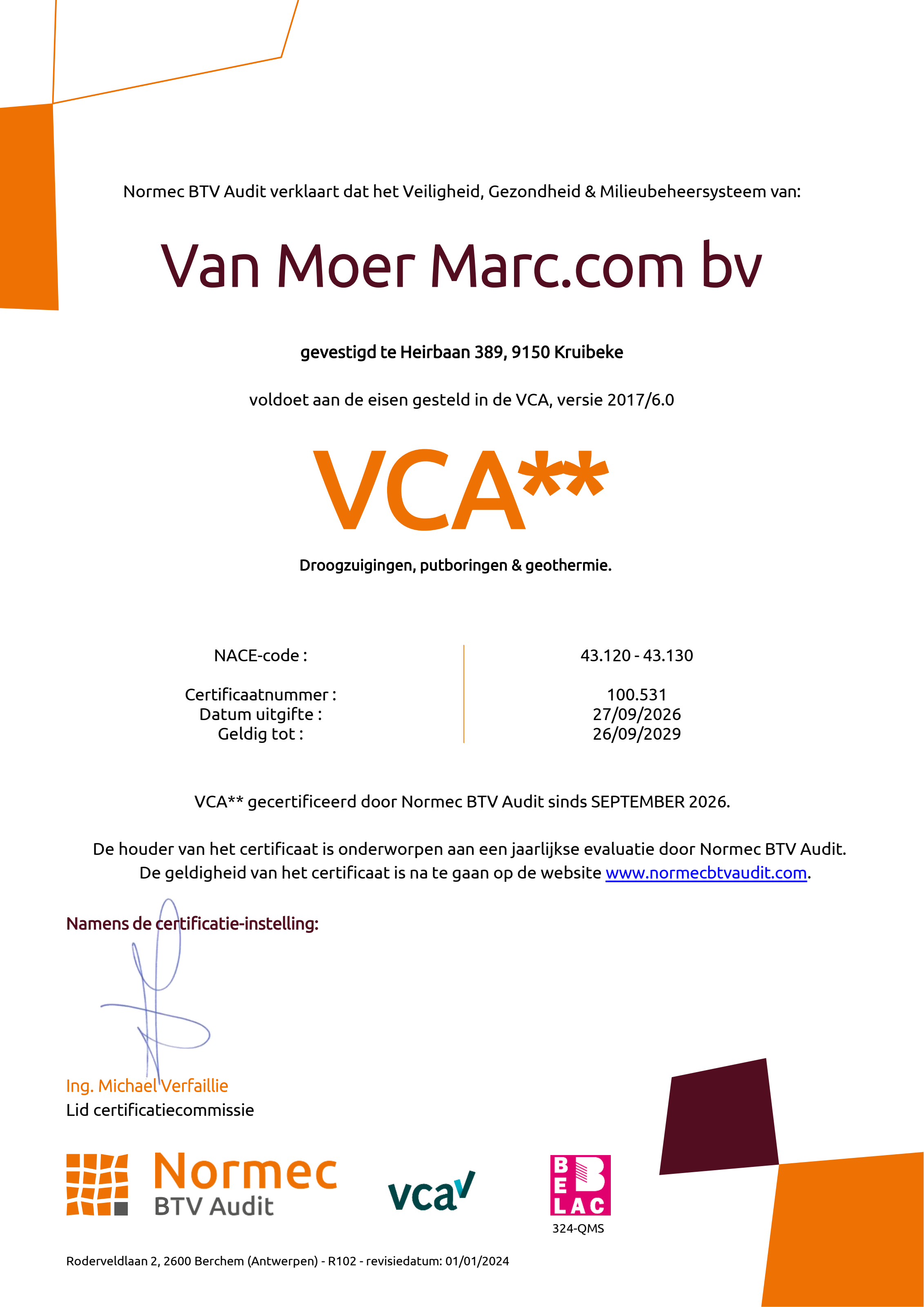 VCA**-certificaat Van Moer Marc.com bv